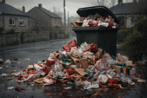 Overloaded recycling bin with christmas waste spilling onto the street