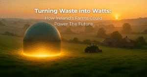 Image depicting a biogas tank on a rural farm in Ireland creating energy from agricultural waste