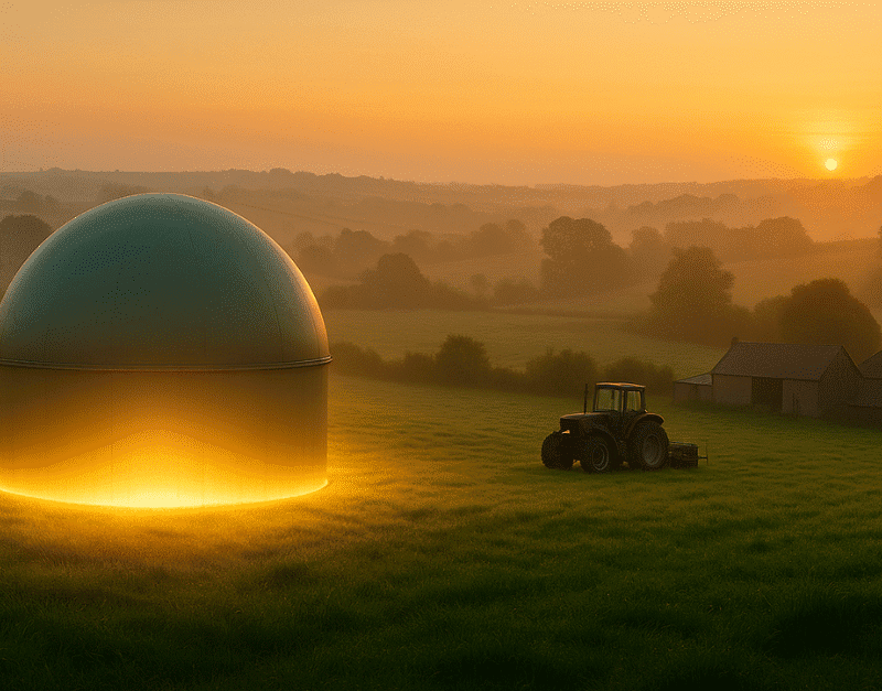 Image depicting a biogas tank on a rural farm in Ireland creating energy from agricultural waste