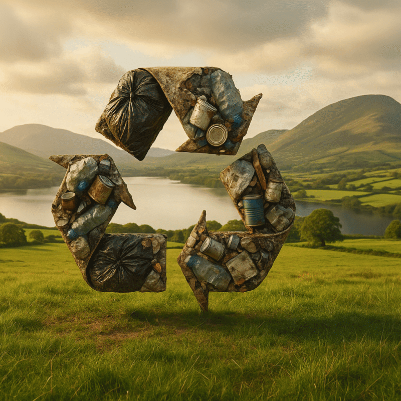Recycling logo made up of recycling waste set against a county mayo, Ireland countryside background